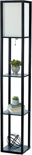 Simple Designs LF1014-BLK-LB Three Shelf Etagere Organizer Storage Floor Lamp with White Linen Shade for Living Room, Bedroom, Office, Hallway, Black, with Feit LED Bulb Included - LeafyLoom