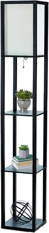 Simple Designs LF1014-BLK-LB Three Shelf Etagere Organizer Storage Floor Lamp with White Linen Shade for Living Room, Bedroom, Office, Hallway, Black, with Feit LED Bulb Included - LeafyLoom