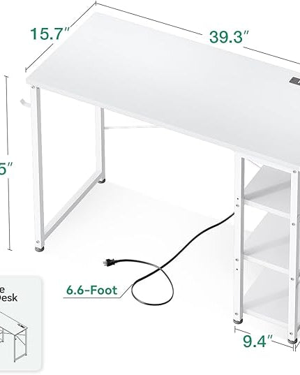 AODK Laptop Desk Small Desk, 40 Inch Computer Desk with Power Outlet and USB & Type-C Charging Port, Writing Desk with 3-Tier Reversible Storage Shelf for Home Office, 40'' x 16'', White - LeafyLoom