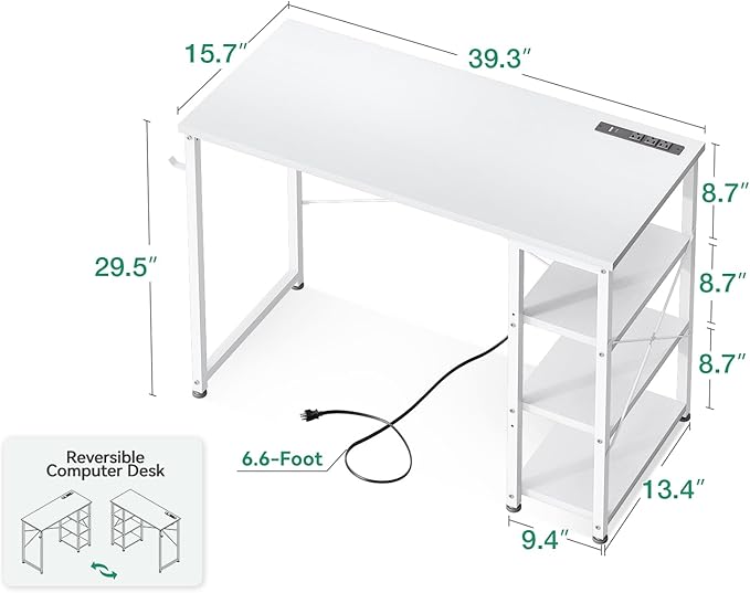 AODK Laptop Desk Small Desk, 40 Inch Computer Desk with Power Outlet and USB & Type-C Charging Port, Writing Desk with 3-Tier Reversible Storage Shelf for Home Office, 40'' x 16'', White - LeafyLoom