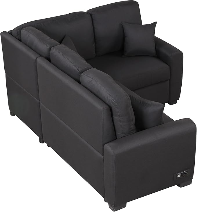 3 in 1 Convertible Sectional Sofa with Pull Out Bed , 87.4" L Shaped Corner Couch with USB Charging Ports & Plug Outlet , Breathable Linen Fabric Conversion Sofabed for Living Room Office Furniture - LeafyLoom