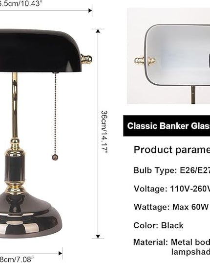 FIRVRE Bankers Desk Lamp with Pull Chain Switch Plug in Fixture, Black Glass Shade Desk Lamps, Golden and Black E26 Base, Traditional Library Lamp for Office,Piano,Study Room - LeafyLoom