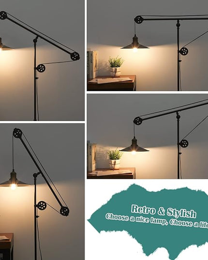 Adjustable Industrial Floor Lamps for Living Room - Rustic Reading Lamp with Pulley System, Modern Farmhouse Indoor Pole Task Lamp, Vintage Tall Standing Lamp for Bedroom Office, Blackened Bronze - LeafyLoom