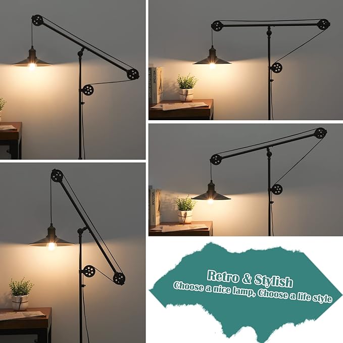 Adjustable Industrial Floor Lamps for Living Room - Rustic Reading Lamp with Pulley System, Modern Farmhouse Indoor Pole Task Lamp, Vintage Tall Standing Lamp for Bedroom Office, Blackened Bronze - LeafyLoom
