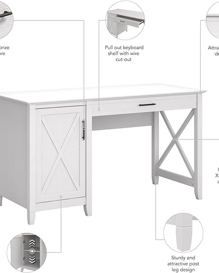 Bush Furniture Key West Computer Desk with Storage | Farmhouse PC Table for Home Office, 54W, Pure White Oak - LeafyLoom