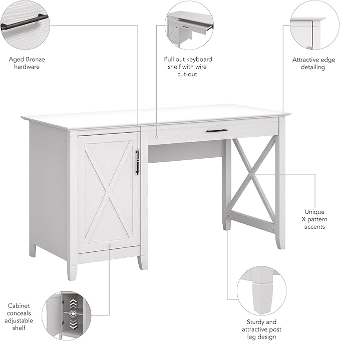 Bush Furniture Key West Computer Desk with Storage | Farmhouse PC Table for Home Office, 54W, Pure White Oak - LeafyLoom
