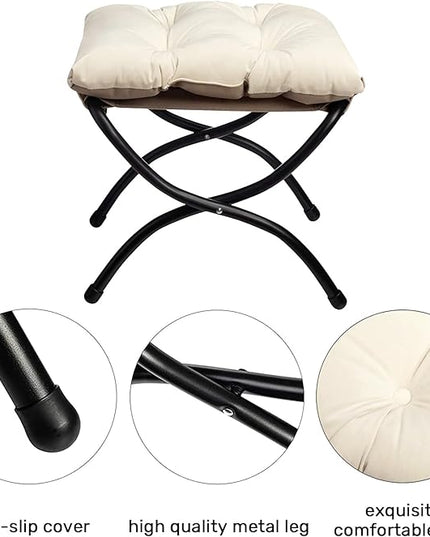 AcozyHom Modern Fabric Lazy Chair and Folding Footrest Stool Set, Accent Contemporary Lounge Chair and Portable Ottoman, Steel Frame Leisure Sofa Chair and Metal Cotton Anti-Slip Footstool, Beige - LeafyLoom