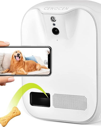 Pet Monitoring Camera Dog Treat Dispenser [New 2023 Pro] Two-Way Audio HD WiFi Dog Camera with 130° View, Remote Tossing App Compatible with Android/iOS, Night Vision, Wall Mounted CENGCEN