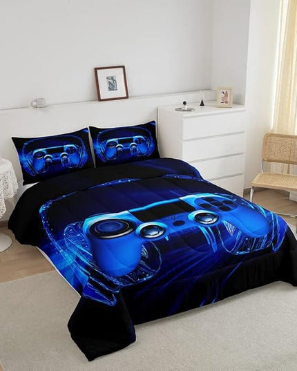 Gamer Bedding Set Kids Video Game Gamepad Comforter Set for Boys Teens Gaming Headset Comforter Breathable Blue Game Controller Duvet Set Room Decor Quilt Set Full Size - LeafyLoom