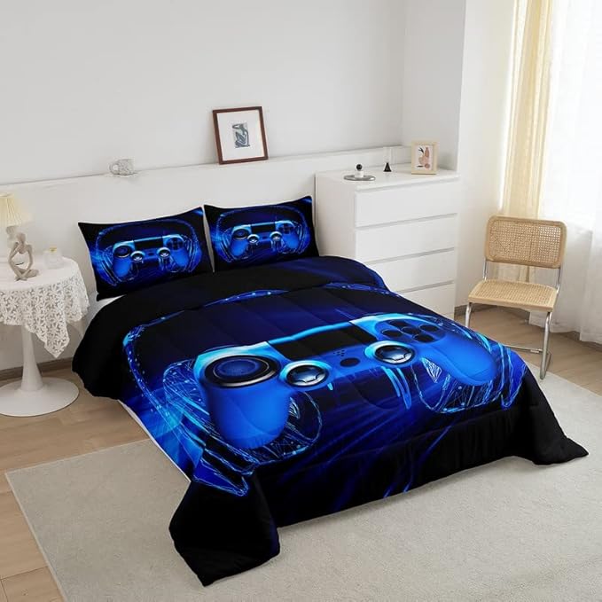 Gamer Bedding Set Kids Video Game Gamepad Comforter Set for Boys Teens Gaming Headset Comforter Breathable Blue Game Controller Duvet Set Room Decor Quilt Set Full Size - LeafyLoom
