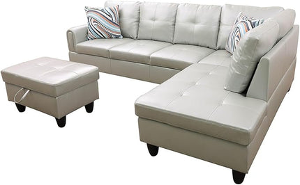 3-Piece L-Shaped Sectional Couches Lounge & Storage, 97.5'' Linen Modular Living Room Home Office, 3pcs 97'' Sofa+66.5'' Chaise+28.5'' Ottoman(Right), Silver Green Faux Leather - LeafyLoom