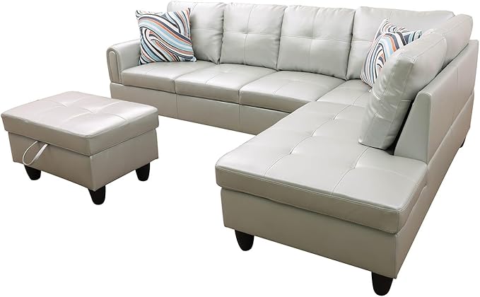 3-Piece L-Shaped Sectional Couches Lounge & Storage, 97.5'' Linen Modular Living Room Home Office, 3pcs 97'' Sofa+66.5'' Chaise+28.5'' Ottoman(Right), Silver Green Faux Leather - LeafyLoom