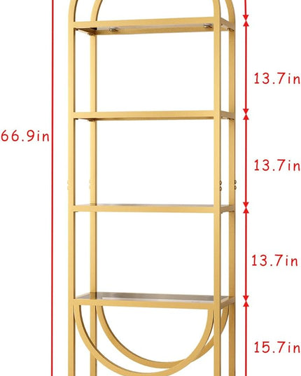 Freestanding Gold Bookshelves with Glass Shelves Storage, Modern Gold Bookcase with 4 Tier Glass Shelves, Gold Storage Organizer for Office, Living Room - LeafyLoom