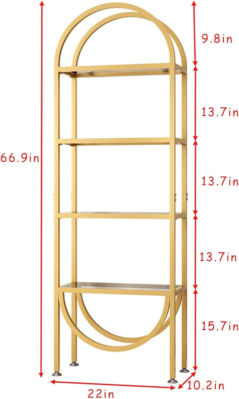 Freestanding Gold Bookshelves with Glass Shelves Storage, Modern Gold Bookcase with 4 Tier Glass Shelves, Gold Storage Organizer for Office, Living Room - LeafyLoom