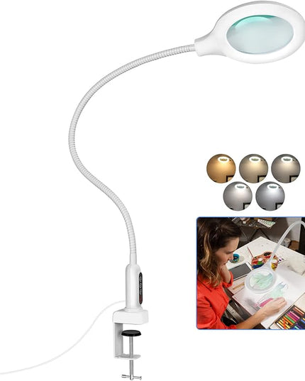 26" Gooseneck Magnifying Lamp with Clamp, 5 Color Modes Stepless Dimmable LED Desk Light with Magnifying Glass, 8X Real Glass Lighted Magnifier Hands Free for Painting Close Work Craft Hobby - LeafyLoom