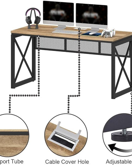 BON AUGURE Farmhouse Computer Desk, Modern Industrial Home Office Desk, Wood Metal Study Writing Table, Sturdy Gaming Desk (Vintage Oak, 54 Inch) - LeafyLoom