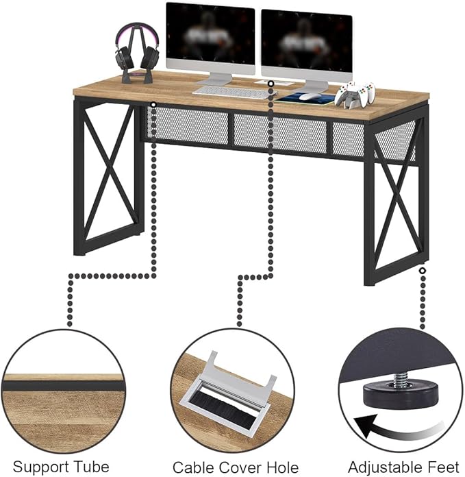 BON AUGURE Farmhouse Computer Desk, Modern Industrial Home Office Desk, Wood Metal Study Writing Table, Sturdy Gaming Desk (Vintage Oak, 54 Inch) - LeafyLoom