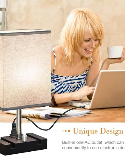 Fully Dimmable Nightstand Lamp for Bedroom with AC Outlet, Table Lamp with Two Phone Stands, Bedside Lamps, Desk Lamp for Bedroom, Living Room, LED Bulb Included Grey - LeafyLoom