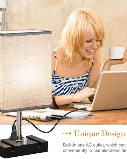 Fully Dimmable Table lamp, Lamps with Two Phone Stands and AC Outlet, Bedside Lamp with Two LED Bulb for Bedroom, Living Room,Study(Set of 2) Light Grey - LeafyLoom