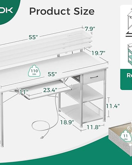 AODK Computer Desk with Keyboard Tray, 55 Inch Office Desk with Power Outlet, Work Desk with Drawer, Reversible Desk with Adjustable Monitor Shelf and Storage Shelf for Home, White - LeafyLoom