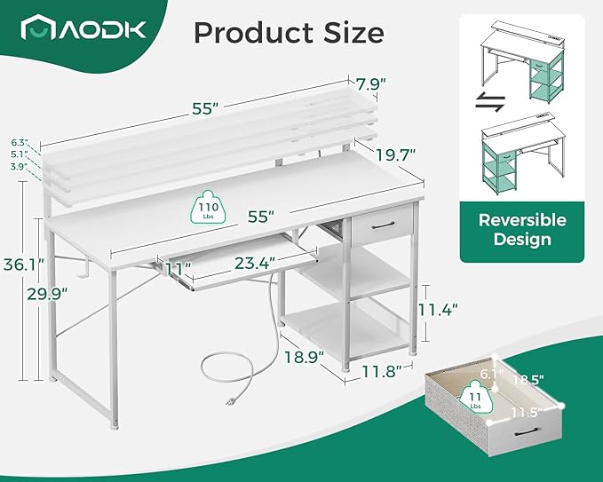 AODK Computer Desk with Keyboard Tray, 55 Inch Office Desk with Power Outlet, Work Desk with Drawer, Reversible Desk with Adjustable Monitor Shelf and Storage Shelf for Home, White - LeafyLoom
