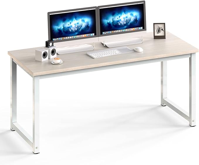 NSdirect Large Office Desk for Home Office, Large 63" Computer Desk Table, Wide Writing Study Desk for 2 Person, Metal Sturdy Frame Thicker Steel Legs, (White Oak, 63"L x 23.6"W x 29.5"H) - LeafyLoom