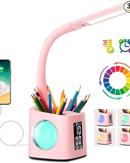 wanjiaone LED Desk Lamp with Clock,Color Changing Nightlight,Study Lamp with Pen Holder,Desk Light with USB Charger,Table Light for Home,Office,Bedroom,Gift for Kids,Students,Women,Pink - LeafyLoom