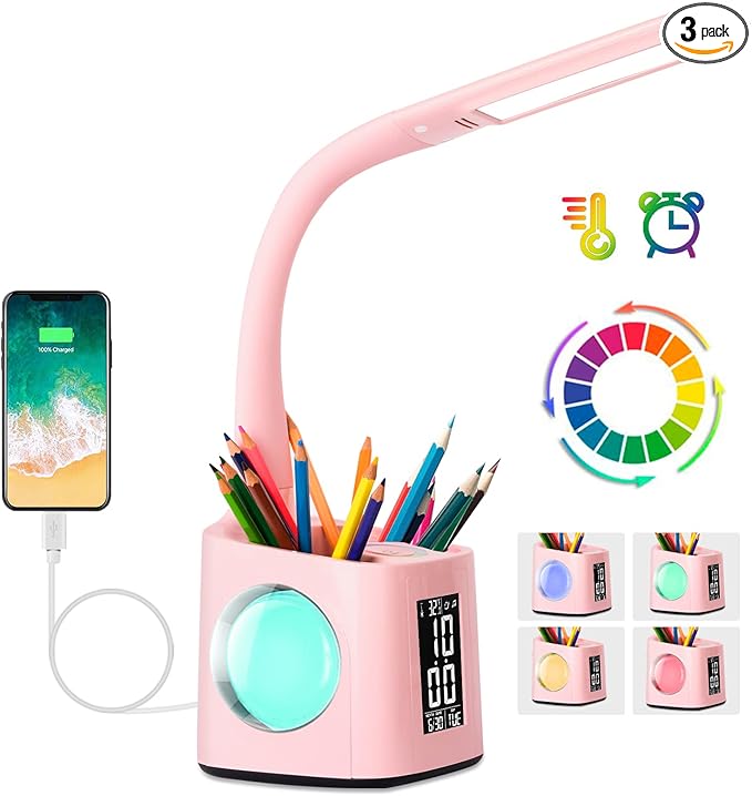 wanjiaone LED Desk Lamp with Clock,Color Changing Nightlight,Study Lamp with Pen Holder,Desk Light with USB Charger,Table Light for Home,Office,Bedroom,Gift for Kids,Students,Women,Pink - LeafyLoom