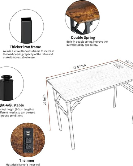 Frylr Foldable Desk 31.5'',Small Desks for Small Spaces with Power Outlet and USB Ports Charging Station,folding computer desk,Home Office Collapsible Desk,Stable Metal Frame,Rustic Brown - LeafyLoom