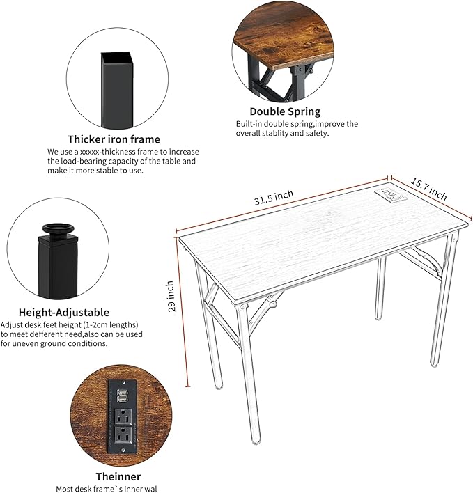 Frylr Foldable Desk 31.5'',Small Desks for Small Spaces with Power Outlet and USB Ports Charging Station,folding computer desk,Home Office Collapsible Desk,Stable Metal Frame,Rustic Brown - LeafyLoom