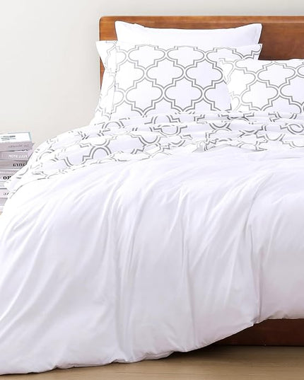 LANE LINEN 100% Organic Cotton Sheets Queen, 4-Piece Bed Sheets Queen Size Cotton, Luxury Sheets, Percale Weave,Breathable Bed Sheets Queen Size Deep Pockets Fits Upto 15" - Trellis Silver - LeafyLoom