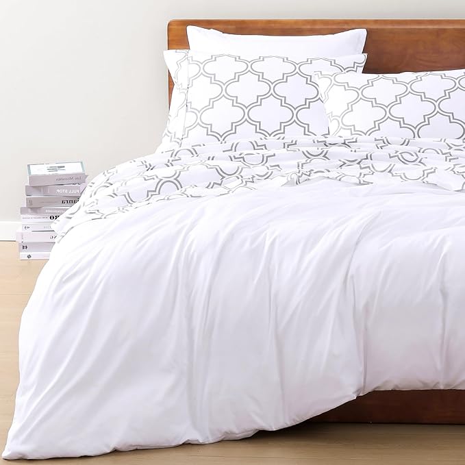 LANE LINEN 100% Organic Cotton Sheets Queen, 4-Piece Bed Sheets Queen Size Cotton, Luxury Sheets, Percale Weave,Breathable Bed Sheets Queen Size Deep Pockets Fits Upto 15" - Trellis Silver - LeafyLoom