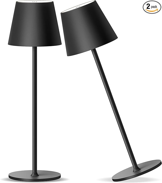 Cordless Rechargeable Table Lamp Set of 2, 5000mAh Battery Powered LED Desk Lamp, 3 Color Stepless Dimming Up, Portable Table Light Lamp for Bedroom Restaurant Outdoor (Black) - LeafyLoom