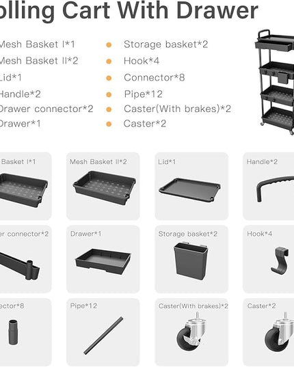 4 Tier Small Rolling Cart Organizer,Art Craft Diaper Bedside Snack Cart Laundry Room Bathroom Organizer Narrow Thin Slim Rolling Trolley Utility Cart with Wheels for Kitchen,Office(Black) - LeafyLoom
