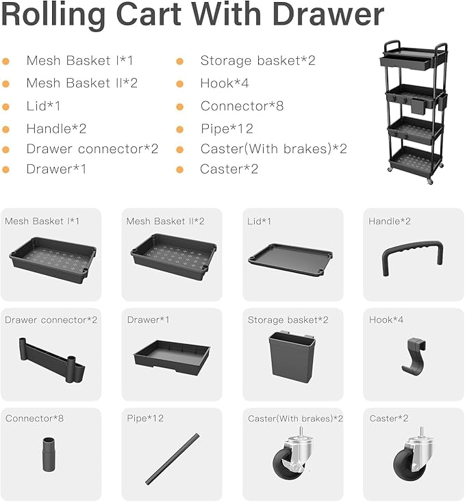4 Tier Small Rolling Cart Organizer,Art Craft Diaper Bedside Snack Cart Laundry Room Bathroom Organizer Narrow Thin Slim Rolling Trolley Utility Cart with Wheels for Kitchen,Office(Black) - LeafyLoom