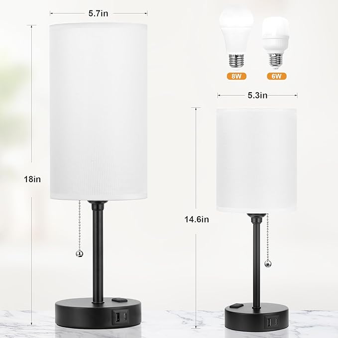 Dicoool 18Inch Tall Bedroom Lamps with USB C and A Ports 3 Color Temperatures - Pull Chain White Nightstand Bedside Table Lamp with AC Outlet, Side Lamp for Living Room End Table - LeafyLoom