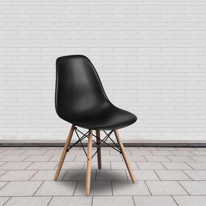 Flash Furniture Elon Series Plastic Modern Dining Chair with Wooden Legs, Mid-Century Side Chair for Dining Rooms and Offices, Black - LeafyLoom