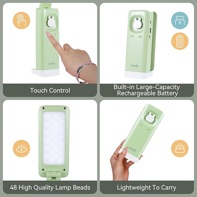 VAVOFO Cordless Desk Lamp, 6000mAh Battery Powered Desk Lamp, Foldable Desk Lamp, Three Color Temperatures, USB C Rechargeable Desk Lamp, Ideal Cute Desk Accessory for Students and Home Offices - LeafyLoom
