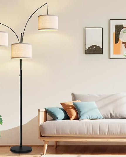 Dimmable Floor Lamp - 3 Lights Arc Floor Lamps for Living Room, 1000LM Modern Tall Standing Lamp with White Shades & Heavy Base, Mid Century Tree Floor Lamp for Bedroom Office, 3 LED Bulbs Included - LeafyLoom