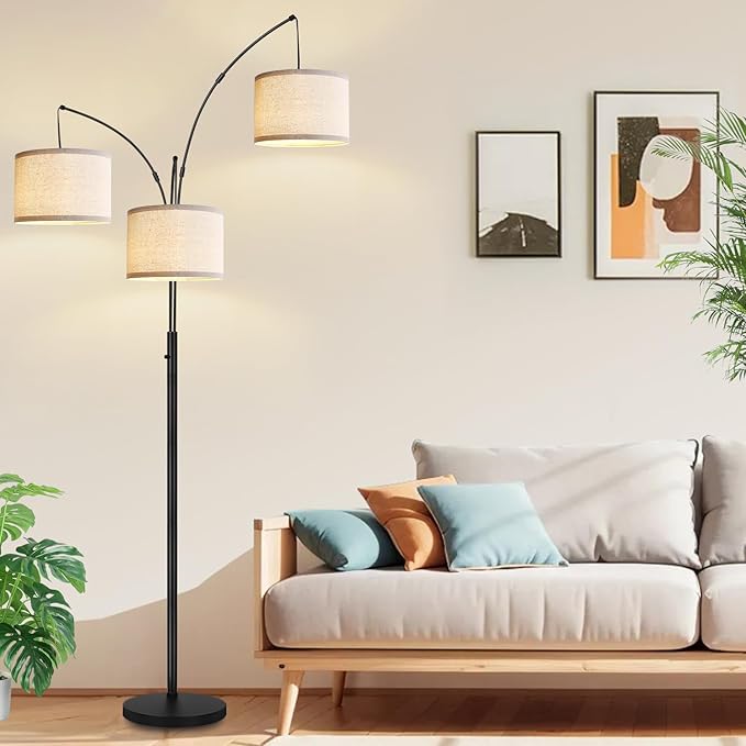 Dimmable Floor Lamp - 3 Lights Arc Floor Lamps for Living Room, 1000LM Modern Tall Standing Lamp with White Shades & Heavy Base, Mid Century Tree Floor Lamp for Bedroom Office, 3 LED Bulbs Included - LeafyLoom
