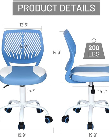 FurnitureR Desk Chair Small Study Chairs Armless for Child Kids Teens, Swivel Rolling Lightweight Task Chair with Wheels and Pu Leather Padded Cushion, Blue/White - LeafyLoom