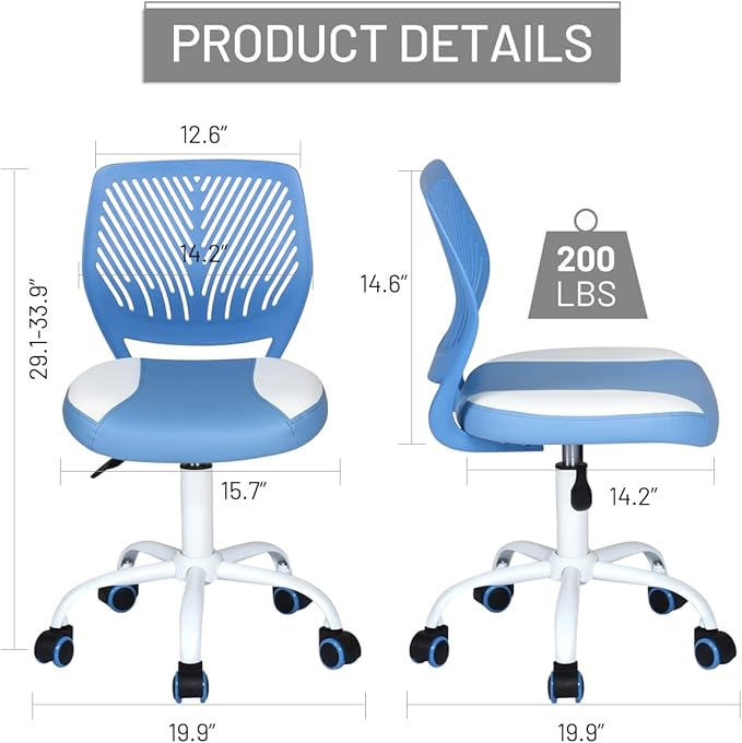 FurnitureR Desk Chair Small Study Chairs Armless for Child Kids Teens, Swivel Rolling Lightweight Task Chair with Wheels and Pu Leather Padded Cushion, Blue/White - LeafyLoom