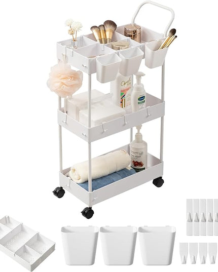 danpinera Slim Storage Cart, 3 Tier Slim Laundry Cart with Wheels Bathroom Cart Organizer with Hanging Cups Hooks Dividers Handle Mobile Rolling Art Cart for Bathroom Kitchen Narrow Places, White - LeafyLoom