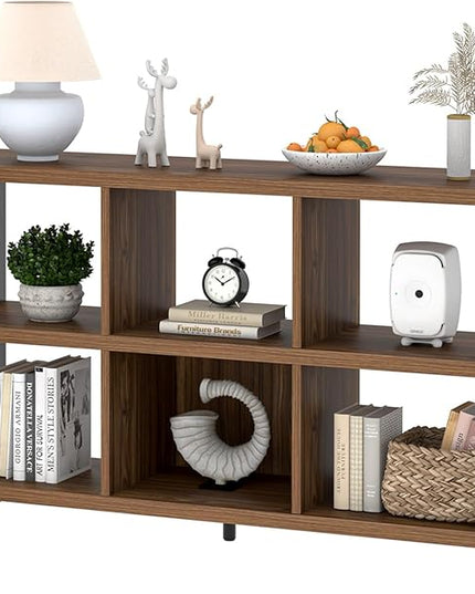 FOLUBAN 6 Cube Storage Organizer Bookshelf, Industrial Horizontal Low Cubby Bookcase for Living Room Bedroom (Rustic Walnut, 47 Inch) - LeafyLoom