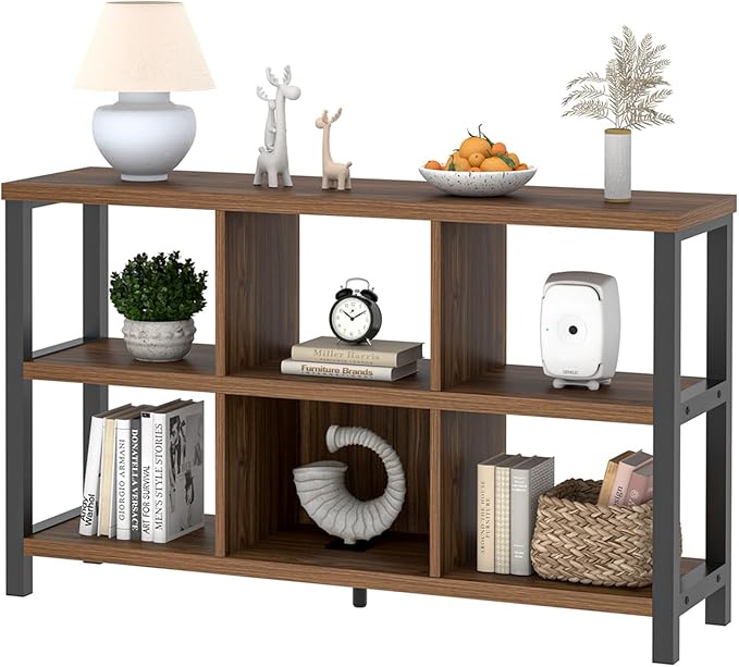 FOLUBAN 6 Cube Storage Organizer Bookshelf, Industrial Horizontal Low Cubby Bookcase for Living Room Bedroom (Rustic Walnut, 47 Inch) - LeafyLoom