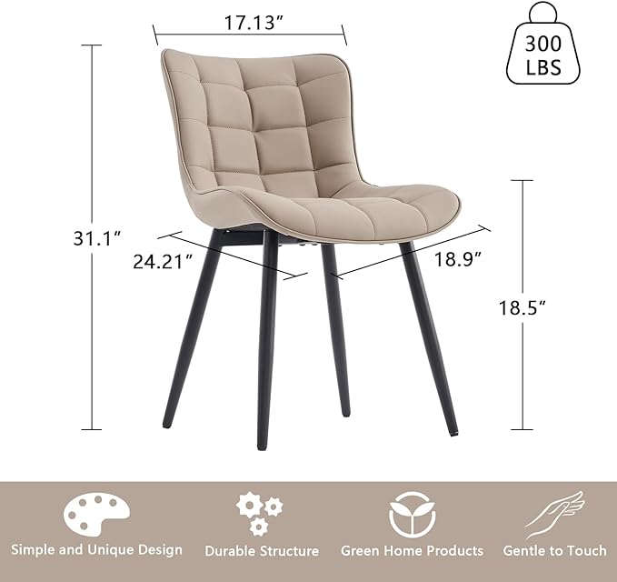 YOUTASTE Khaki Dining Chairs Set of 2 PU Leather Upholstered Modern Armless Dining Room Chair with Back Metal Legs Kitchen Dinner Accent Guest Chairs for Vanity Reception Waiting Room - LeafyLoom