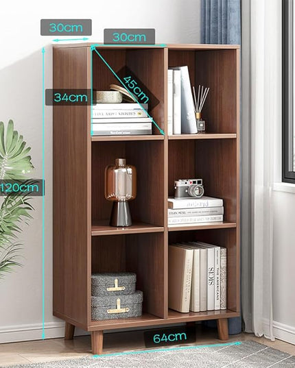IOTXY Open Cube Low Bookcase - 3-Tier Freestanding Storage Display Cabinet Organizer with Legs for Home Office, 6-Cubes Open Shelf Short Bookshelf, Walnut - LeafyLoom