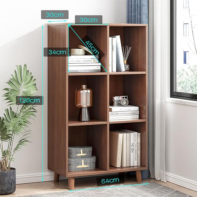 IOTXY Open Cube Low Bookcase - 3-Tier Freestanding Storage Display Cabinet Organizer with Legs for Home Office, 6-Cubes Open Shelf Short Bookshelf, Walnut - LeafyLoom