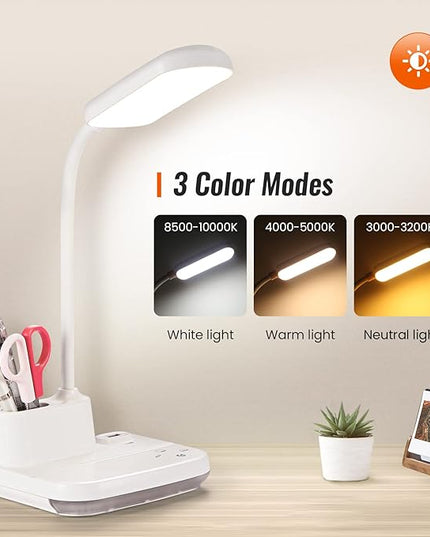 LED Rechargeable Desk Lamp, 5-in-1 Small Desk Lamp with USB Charging Port, Pen Holder, Night Light, Portable Desk Light for Home Office Student Children Kids College Dorm (White) - LeafyLoom