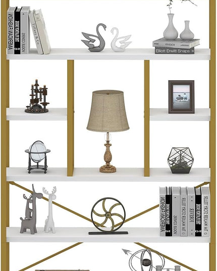LVB Gold Book Shelf Organizer, Large Tall 6 Tier Bookshelves Storage, Big Modern Metal Wooden 6 Shelf Bookcase, Farmhouse Open Display Vertical Bookshelf for Bedroom Living Room Office, White and Gold - LeafyLoom